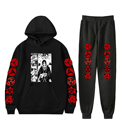 NCTCITY Trainingsanzug 2 Stück Bekleidungsset Kapuzenpullover Hoodie Top + Lange Hose Harajuku Sportanzug Anime Drucken Jogginganzug Mit Tasche Uchiha Sharingan Ninjia von NCTCITY