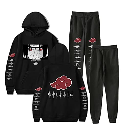 NCTCITY Trainingsanzug 2 Stück Bekleidungsset Kapuzenpullover Hoodie Top + Lange Hose Harajuku Sportanzug Anime Drucken Jogginganzug Mit Tasche Uchiha Sharingan Ninjia von NCTCITY