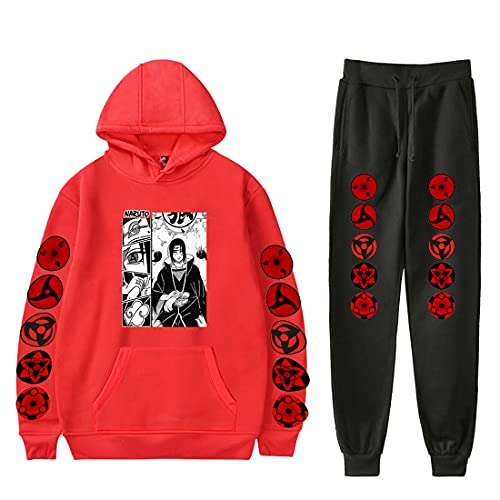 NCTCITY Trainingsanzug 2 Stück Bekleidungsset Kapuzenpullover Hoodie Top + Lange Hose Harajuku Sportanzug Anime Drucken Jogginganzug Mit Tasche Uchiha Sharingan Ninjia von NCTCITY