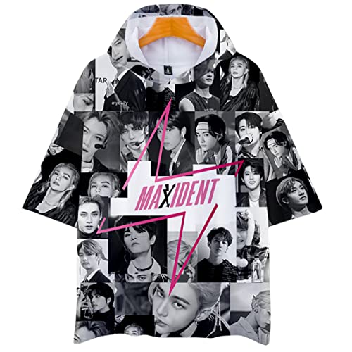 NCTCITY Unisex Herren Damen T-Shirts mit Kapuze Stray Kids Tops Lose Hoodie MAXIDENT 3D Druck Freizeit Hip Hop Kurzärmliges Harajuku Hemd für Liebhaber BangChan Changbin Hyunjin Felix Seungmin von NCTCITY