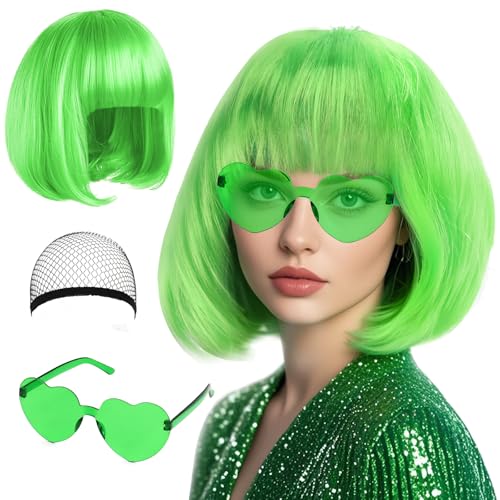 NCTNCX Perücke Grün, Perücke Damen Fasching, Perrücke Frauen Kurz mit Haarnetz und Bunte Brille, Grüne perücke damen bob, für Karneval/Fasching & Motto Party, Halloween Dekorationen (Grün) von NCTNCX