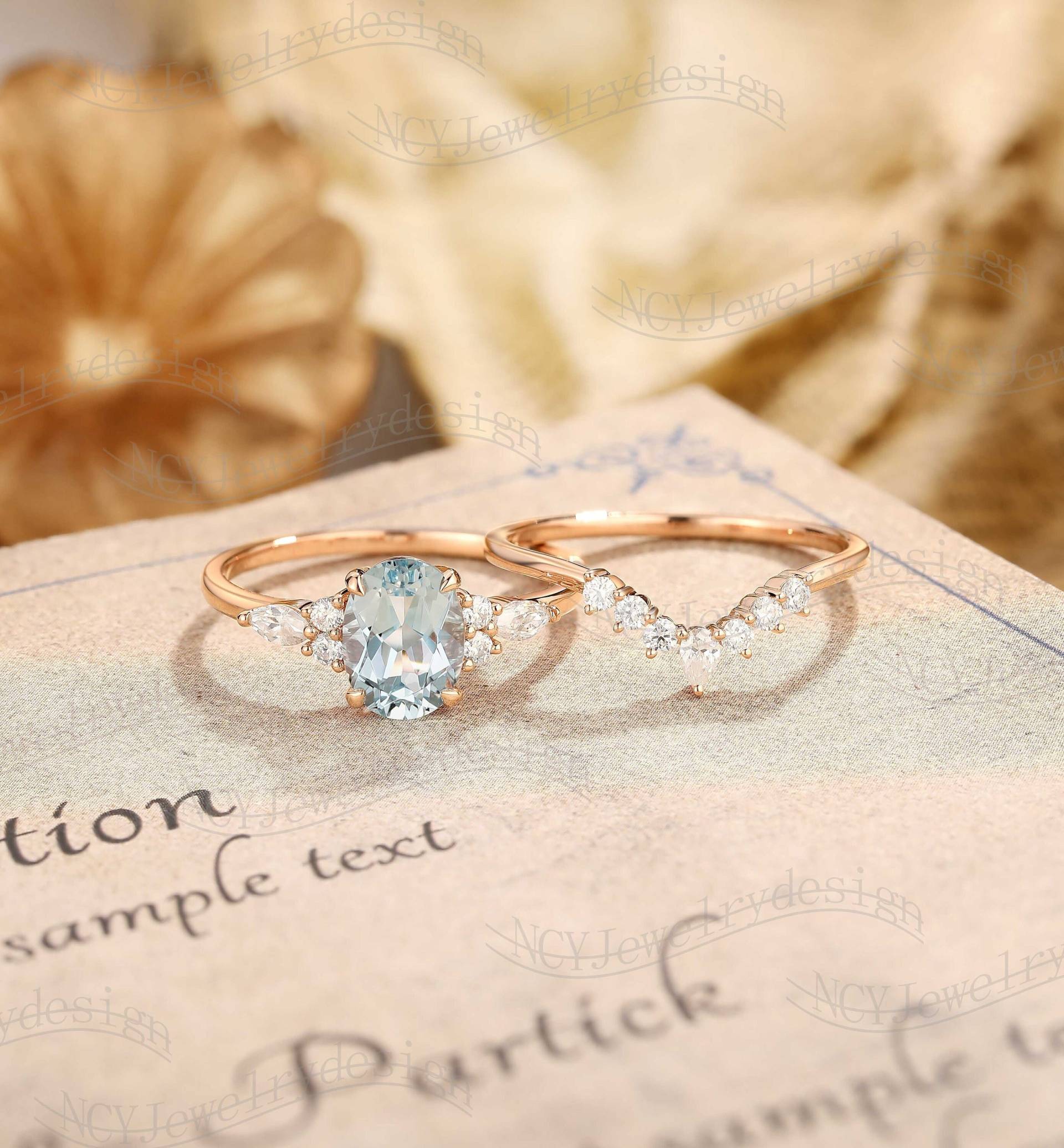 Art Deco Aquamarin Verlobungsring Set, Oval Ring, Natürlicher Krone Moissanite Ring Rose Gold, Cluster von NCYJewelrydesign