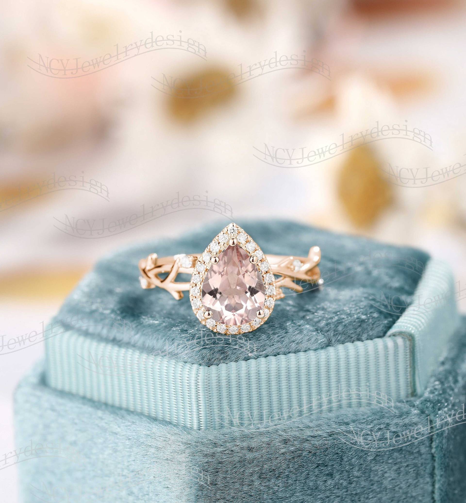 Art Deco Morganit Verlobungsring Zweig Ring Pear Solid Rose Gold Halo Diamant Unikat Jubiläum Versprechen von NCYJewelrydesign