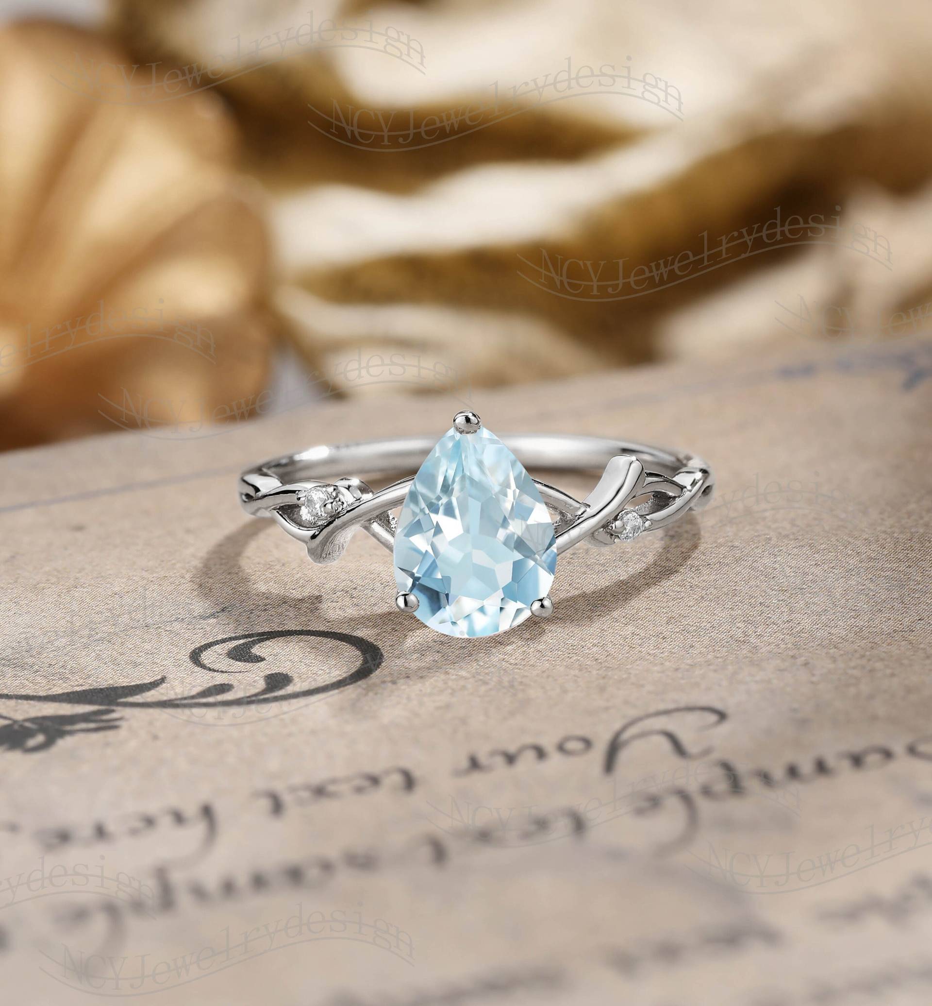 Birne Aquamarin Verlobungsring, Art Deco Ring, Twisted Moissanite Zweig Ring Weißgold, Dorn Ranken von NCYJewelrydesign