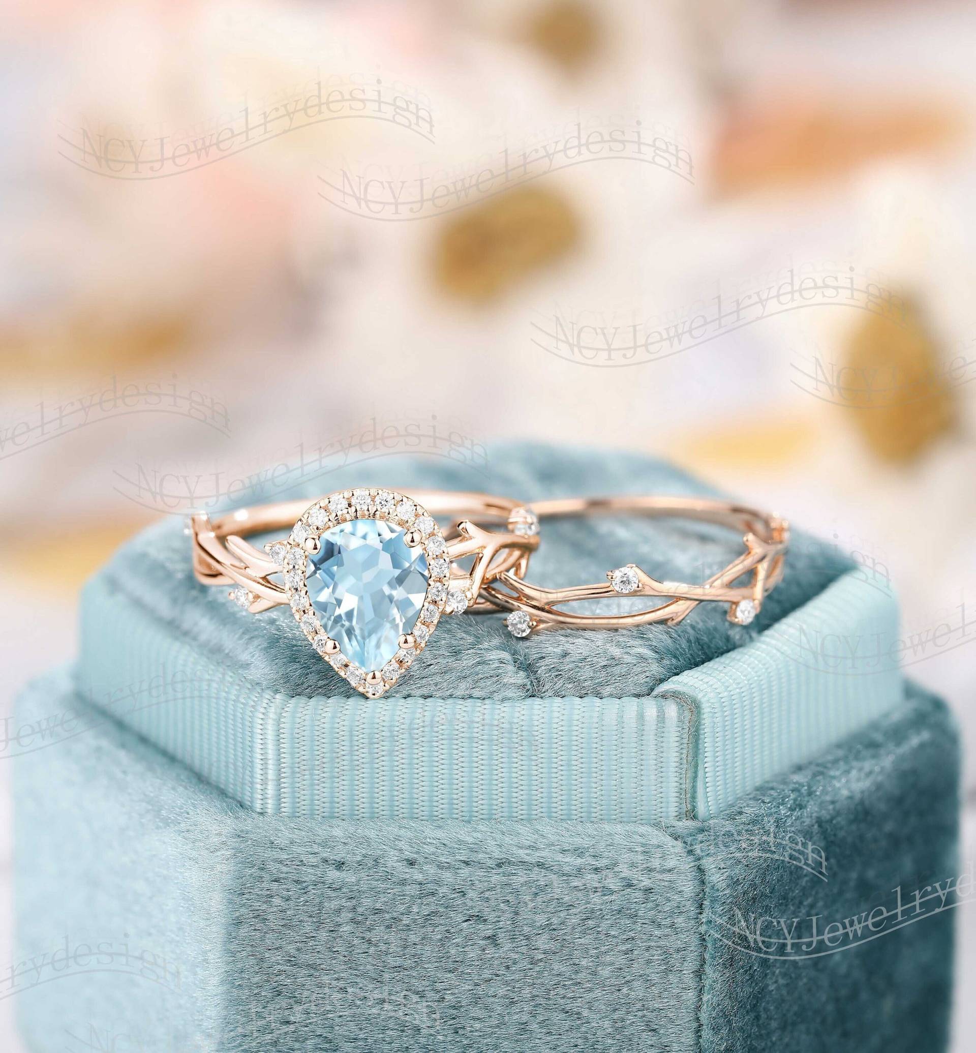 Birnen Aquamarin Verlobungsring Set, Halo Moissanit Ring, Blatt Diamant Zweig Ring Rosegold, Zart von NCYJewelrydesign