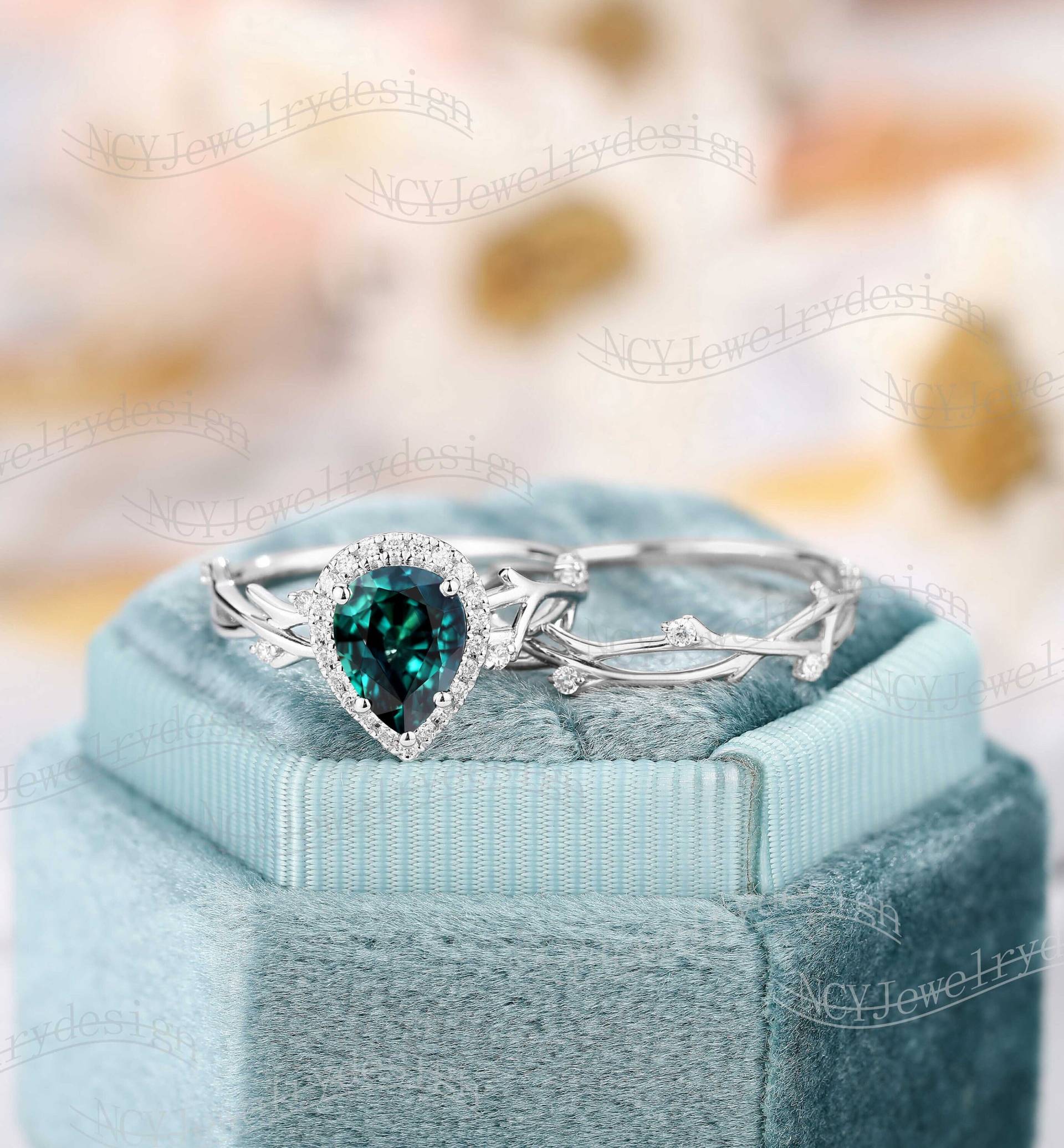 Blau Grüner Saphir Verlobungsring Set, Birnen Ring, Halo Moissanite Blatt Zweig Ring Weißgold, Zarter von NCYJewelrydesign