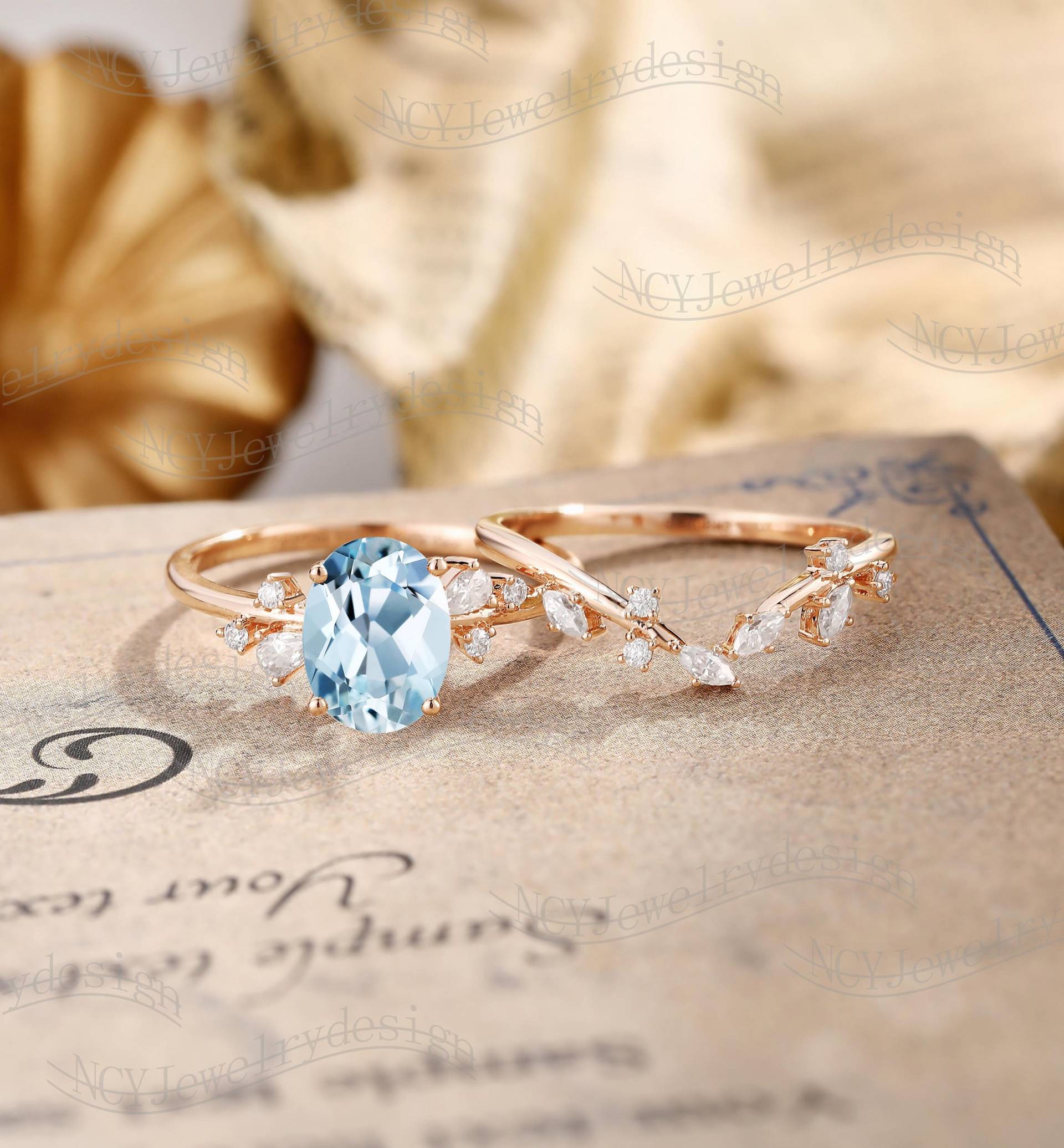 Blumen Aquamarin Verlobungsring Set, Blatt Ring Roségold, Oval Cut Ring, Zweig Set von NCYJewelrydesign