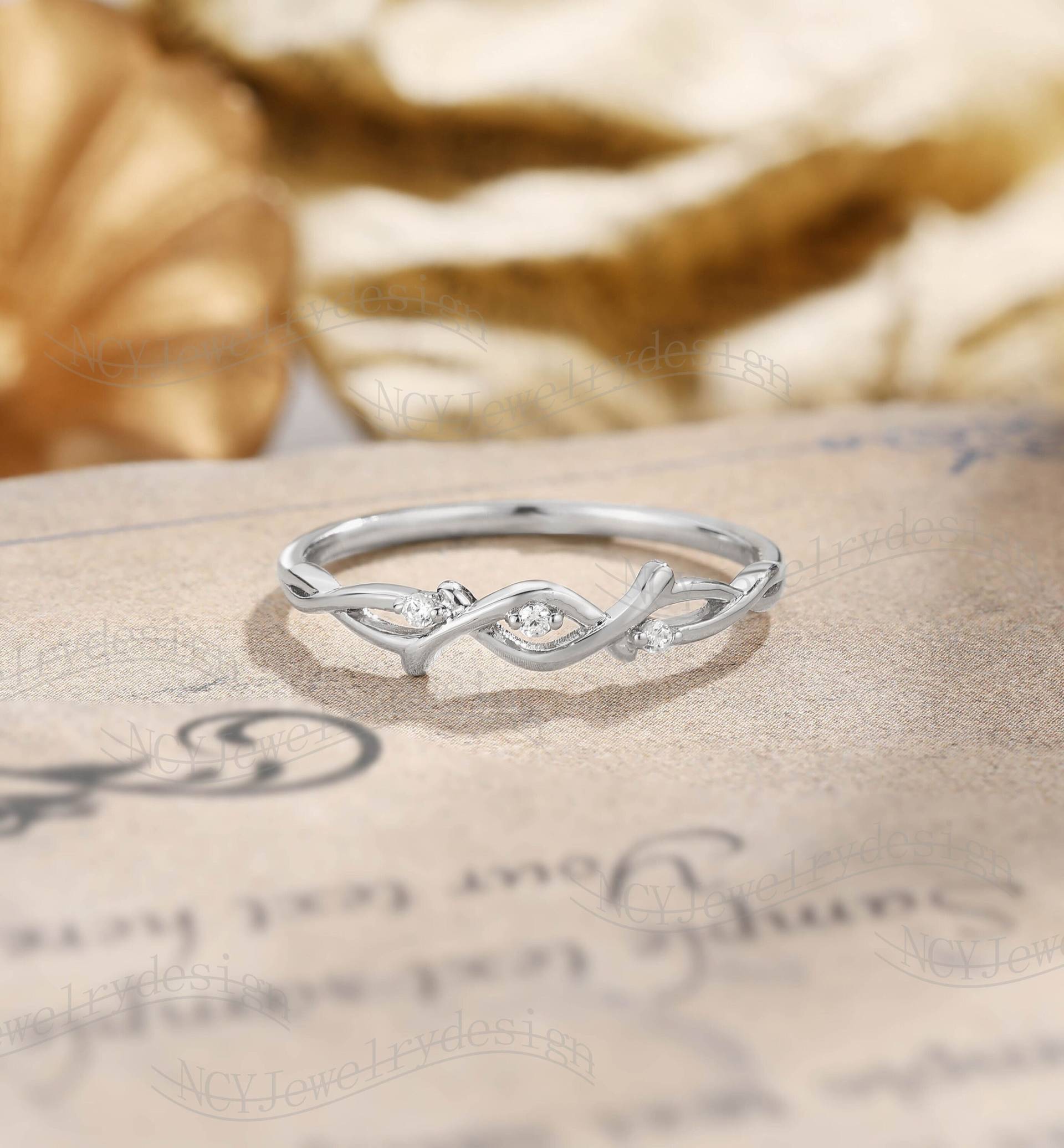 Moissanit Hochzeitsband Blatt Ast Band Twisted Wedding Vintage Unikat Brautring Solid Weiß Gold Diamant Versprechen Ring Passender von NCYJewelrydesign