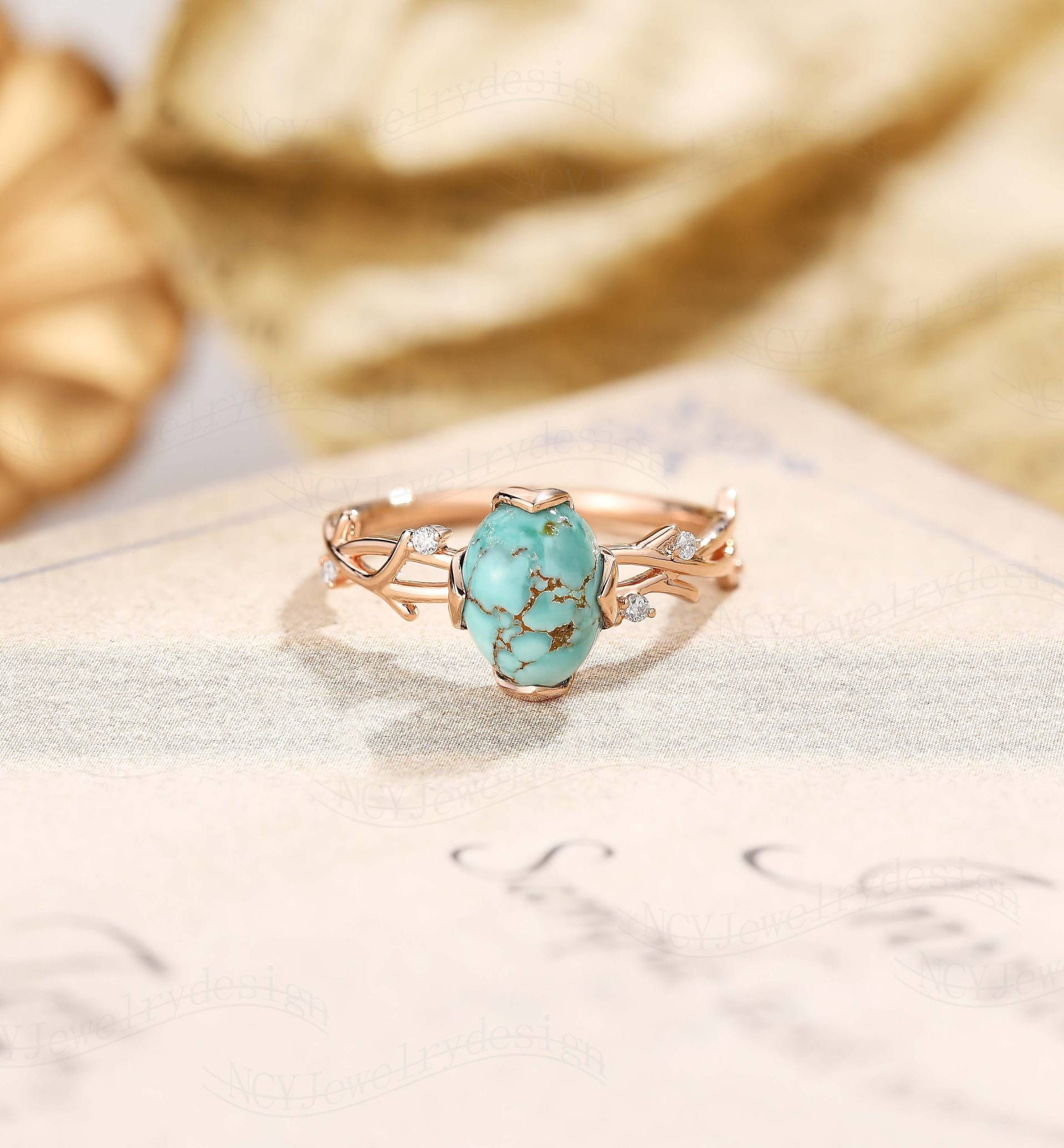 Natürlicher Türkis Verlobungsring, Ovaler Ring, Zweig Moissanite Ring Rose Gold, Zarter Einzigartiger Versprechen von NCYJewelrydesign