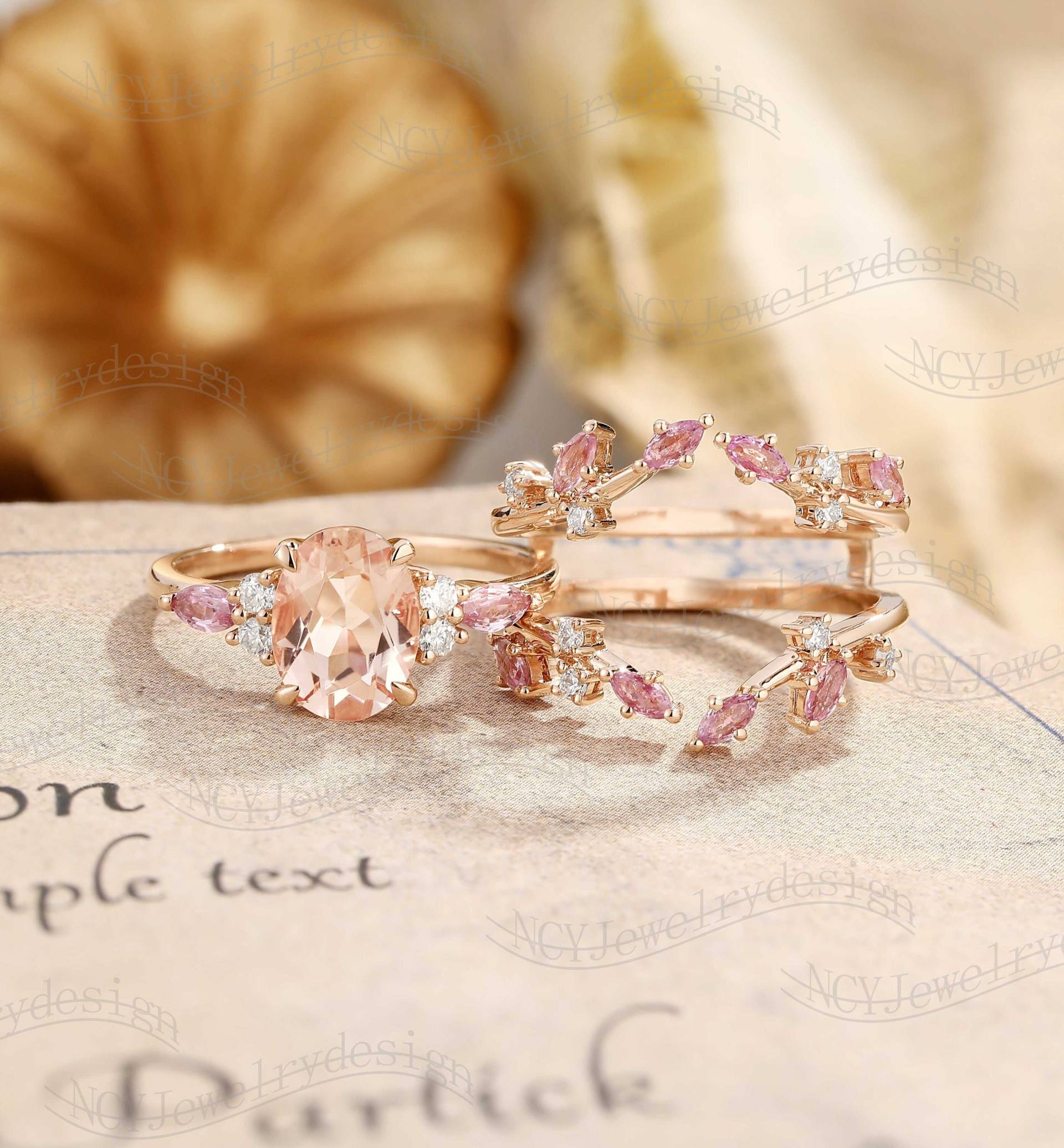 Oval Morganit Verlobungsringe, Blüten Ringe, Pink Saphir Blatt Vergoldet, Zweig Verlobungsringe von NCYJewelrydesign