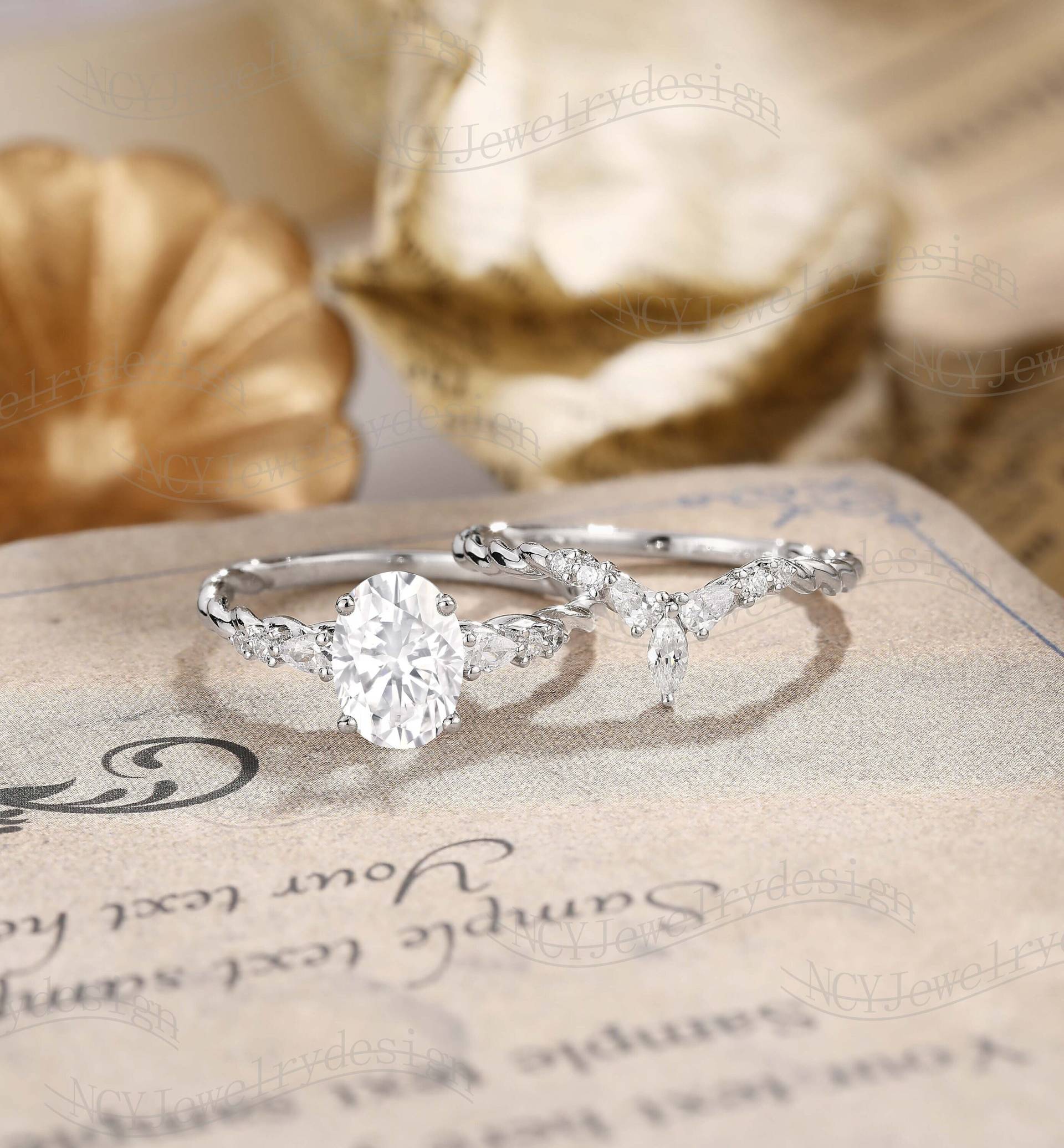 Ovaler Moissanit Verlobungsring Set Marquise Ring Gewölbt Band Gedrehter Solid Weißgold Jahrestag Versprechen von NCYJewelrydesign