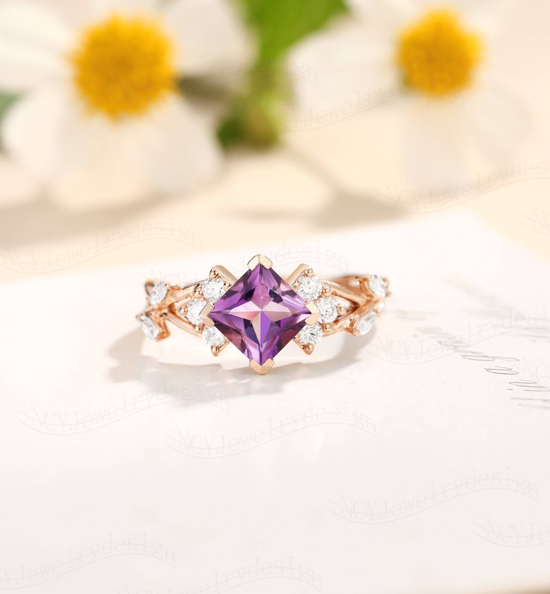 Prinzessin Geschnittener Amethyst Ehering Vintage Verlobungsring Stapelring Art Deco Roségold Ring Unikat Jahrestag von NCYJewelrydesign