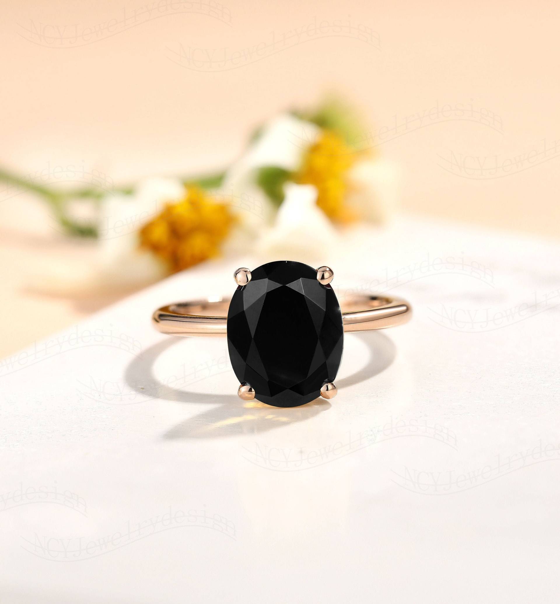 Schwarzer Onyx Verlobungsring, Solitär Ring, Oval Ring Rosegold, Edelstein Einzigartiger Jubiläumsring, Antique von NCYJewelrydesign