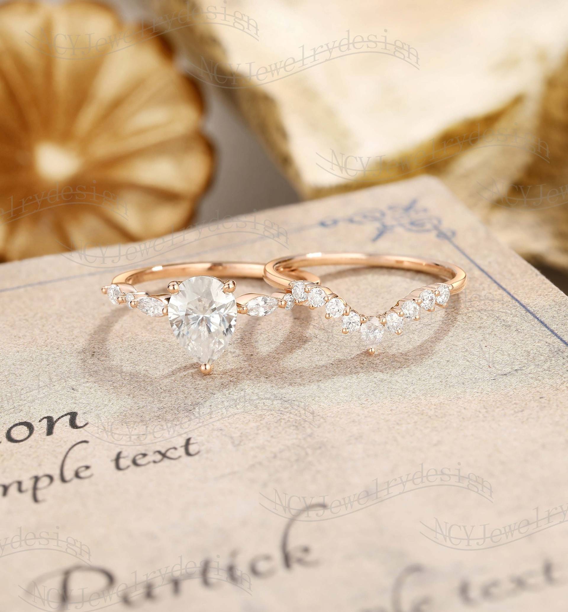 Vintage Moissanit Verlobungsring Set, Pear Ring Roségold, Blatt Ring, Marquise Diamant Zierliche Geschwungene von NCYJewelrydesign