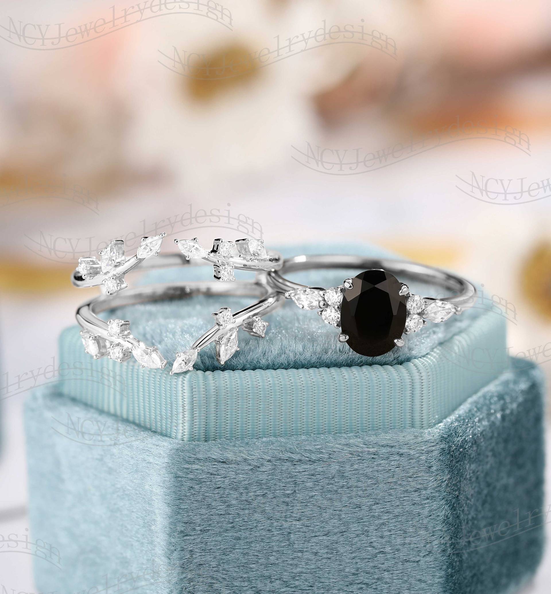 Vintage Schwarzer Onyx Verlobungsring Set, Blatt Ring, Ast Weißgold Verlobungsring, Massiver Ring von NCYJewelrydesign