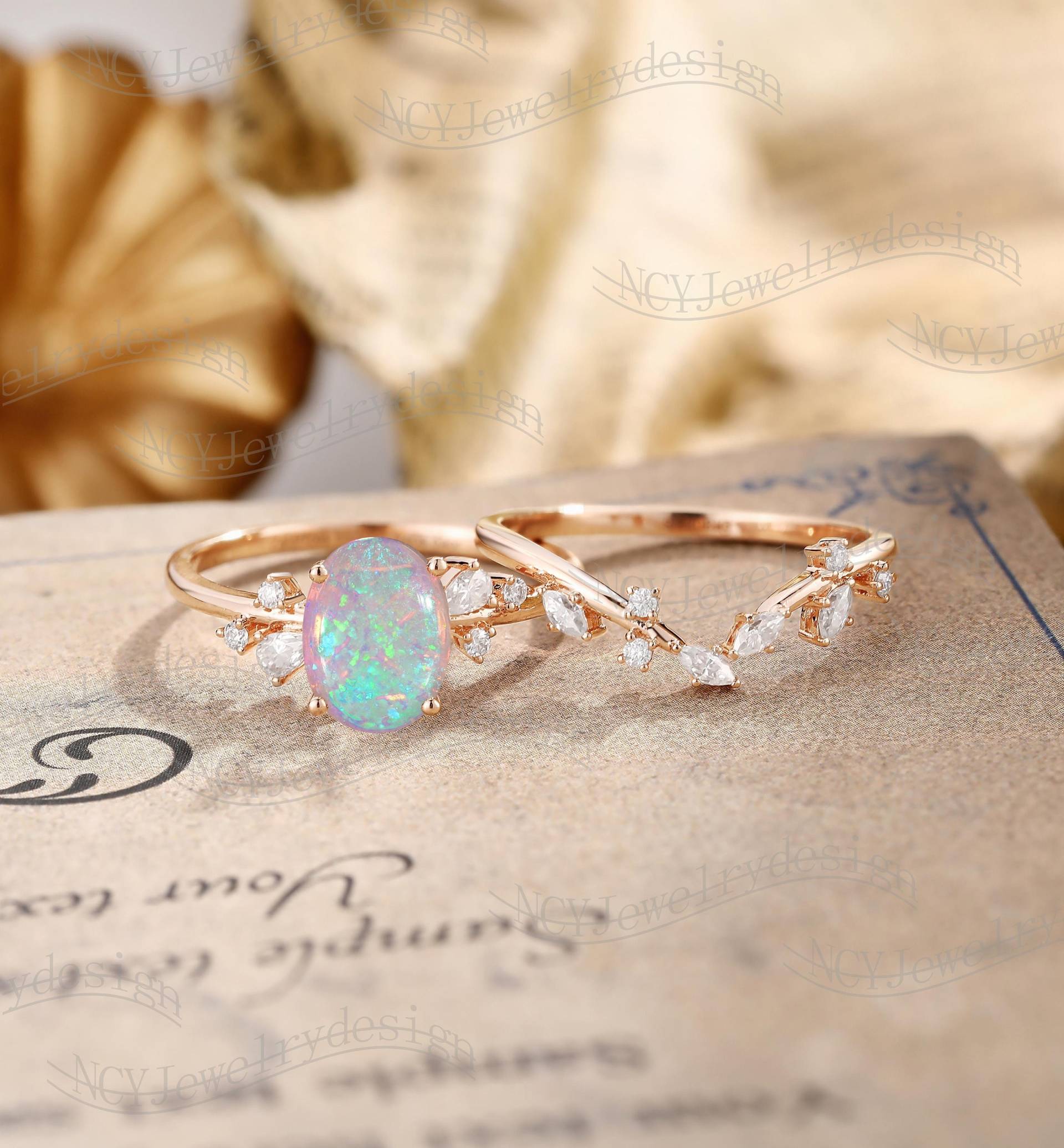 Zweig Opal Verlobungsring Set, Blatt Ring, Vine Ring Roségold, Natur Inspiriert Zierliche Einzigartiger Ast Set von NCYJewelrydesign