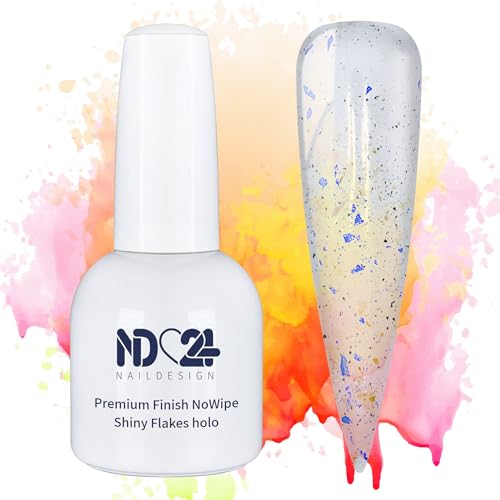 Premium Finish NoWipe Shiny Flakes holo - ohne Schwitzschicht - UV/LED Nail Polish Lack Gel Nägel LED Gelnagellack - Versiegelung - 15ml von ND24 NailDesign