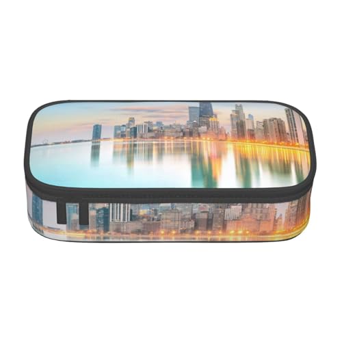 NDDCEDEW Chicago Downtown Sunset Print Large Capacity Pencil Case with Zipper Pencil Case Student Pencil Pouch Cute Pencil Case for Girls and Boys Teenagers School Pencil Pouch, Schwarz , von NDDCEDEW