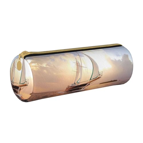 NDDCEDEW Schüler-Federmäppchen mit Segelschiff bei Sonnenuntergang, bedruckt, Leder, Reißverschluss, Schreibwaren-Tasche für Schule, Stiftehalter, tragbare Aufbewahrung, Organizer, Make-up-Tasche, von NDDCEDEW