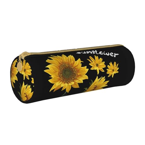 NDDCEDEW Schüler-Federmäppchen mit Sonnenblumen-Motiv, schwarzer Hintergrund, Leder, Reißverschluss, Schreibwaren-Tasche für Schule, Stifthalter, tragbare Aufbewahrung, Organizer, Make-up-Tasche, von NDDCEDEW
