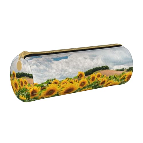 NDDCEDEW Schüler-Federmäppchen mit Sonnenblumenfelddruck, Leder, Reißverschluss, Schreibwaren-Tasche für Schule, Stiftehalter, tragbar, Organizer, Make-up-Tasche, weiß, Einheitsgröße, Kosmetiktasche von NDDCEDEW
