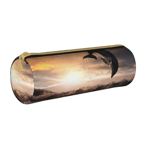 NDDCEDEW Schüler-Federmäppchen mit schönem Delfin-Druck, Leder, Reißverschluss, Schreibwaren-Tasche für Schule, Stiftehalter, tragbar, Organizer, Make-up-Tasche, weiß, Einheitsgröße, Kosmetiktasche von NDDCEDEW