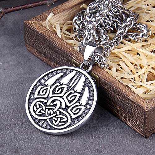 NDYD 316L Edelstahl Klassische Tier Bärenklaue Herren Anhänger Halskette Wikinger Amulett Modeschmuck Skandinavische Rune Männer Geschenk Holzkiste,Silber,60cm von NDYD