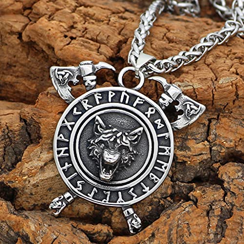 NDYD Herren Wikinger Edelstahl Wolf Axt Rune Helm Der Ehrfurcht Wolf Anhänger Mittelalterliche Vintage Amulett Halskette Mit Valknut Geschenktüte von NDYD