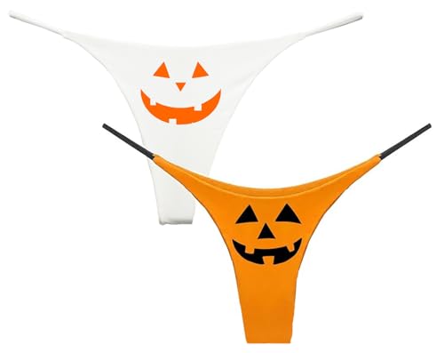 NE Beauty Kürbis-Tanga-Set Herbst Halloween Jack o Lantern Face (2 Stück), Orange/Abendrot im Zickzackmuster (Sunset Chevron), M von NE Beauty