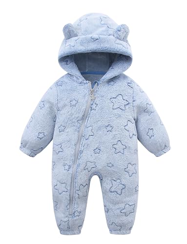 NEAWEALY Baby Fleece Overalls Neugeborene Footed Jumpsuit Plüsch Bärenohr mit Kapuze -Reißverschluss Langarm Bodysuit Blau 3-6M von NEAWEALY