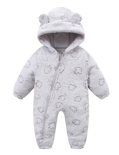 NEAWEALY Baby Fleece Overalls Neugeborene Footed Jumpsuit Plüsch Bärenohr mit Kapuze -Reißverschluss Langarm Bodysuit Grey 3-6M von NEAWEALY