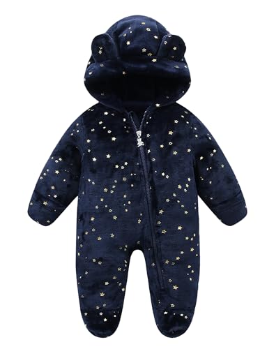 NEAWEALY Baby Fleece Overalls Neugeborene Footed Jumpsuit Plüsch Bärenohr mit Kapuze -Reißverschluss Langarm Bodysuit Navyblau 3-6M von NEAWEALY