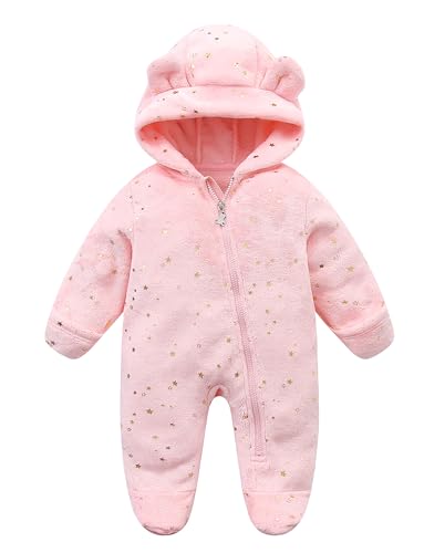 NEAWEALY Baby Fleece Overalls Neugeborene Footed Jumpsuit Plüsch Bärenohr mit Kapuze -Reißverschluss Langarm Bodysuit Rosa 3-6M von NEAWEALY