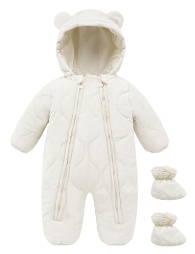 NEAWEALY Baby Schneeanzüge Mädchen Jungen Winter Overall Strampler Strampelanzug mit Kapuze Neugeborene Schlafstrampler Reißverschluss Romper Weiß 3-6 Monate von NEAWEALY