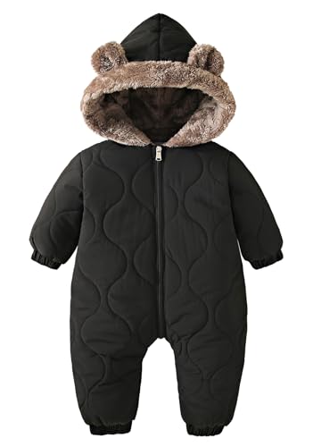 NEAWEALY Baby Winter Overall Mädchen Jungen Fleece Gefüttert Strampler Warmer Jumpsuit mit Kapuze Schwarz 6-12 Monate von NEAWEALY