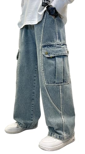 NEAWEALY Jungen Baggy Jeans Kinder Straight Jeanshose Weite Bein Denimhose y2k Jeans Jogginghose mit Taschen Arbeitshose Blau 11-12Y von NEAWEALY