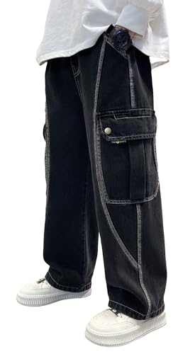 NEAWEALY Jungen Baggy Jogginghose Kinder Weite Bein Denimhose Straight Jeanshose Cargohose mit Taschen y2k Jeans Arbeitshose Grau Jeans 12-13Y von NEAWEALY