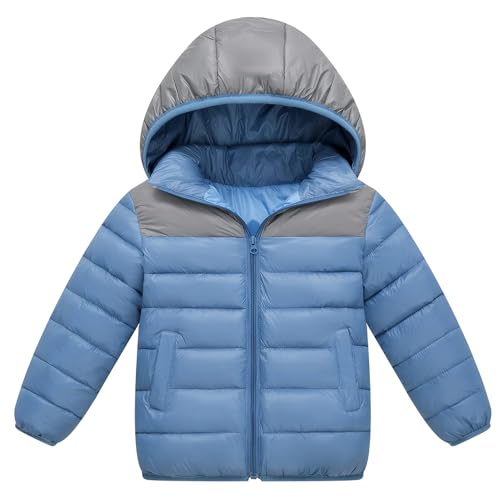 NEAWEALY Jungen Daunenjacken Kinder Leichte Steppjacke Farbblock Winterjacke Thermo Kapuzenjacke Sweatjacke Outdoorjacke Blau 7-8 Jahre von NEAWEALY