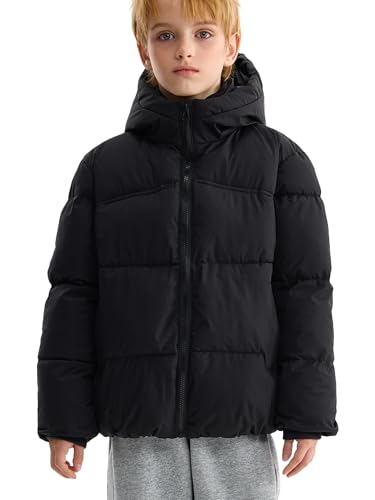 NEAWEALY Jungen Mädchen Winterjacke Kinder Pufferjacke mit Kapuze Outdoor Jacke Warm Fleece Daunenjacke Winddichte Skijacke Schwarz 11-12Y von NEAWEALY
