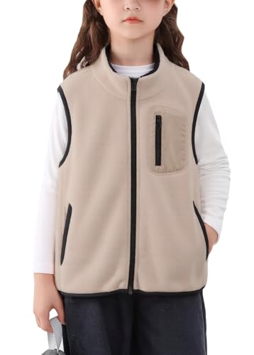 NEAWEALY Kinder Polar Fleece Weste Jungen Mädchen Fleeceweste Stehkragen Ärmellose Jacke Winterjacke Reißverschluss Einfarbig Hellbraun 3-4Y von NEAWEALY