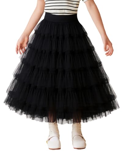 NEAWEALY Mädchen Kuchenrock Tuturock Kinder Tütürock Prinzessinrock Mittlere Länge Sommerrock Hohe Taille Stufenrock A-Linien Rock Schwarz 7-8Y von NEAWEALY