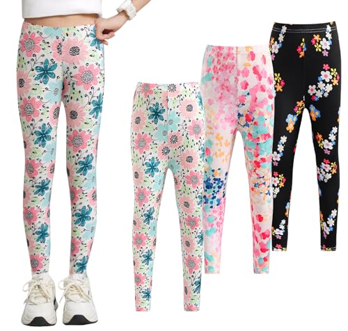 NEAWEALY Mädchen Leggings Kinder Sportleggins Lange Jogginghose Freizeit Schlafleggings Blümchenmuster Elastisch Sporthose Blickdichte Hose 3er-Pack 7-8Y von NEAWEALY