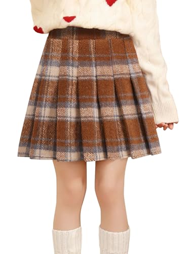 NEAWEALY Mädchen Minirock Kariert Rock Kinder Herbst Tweed Wickelrock Warm Plaid Faltenrock Hohe Taille Schuluniform Herbstrock Hüftrock Khaki 12-13Y von NEAWEALY