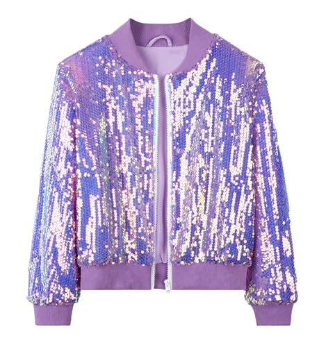 NEAWEALY Mädchen Paillettenjacke Kinder Glitzer Jacke mit Reißverschluss Karneval Sequin Outfit Sequin Jacken Lila 9-10 Jahre von NEAWEALY
