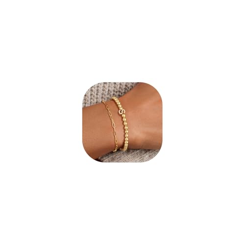 NECOCY Goldene Initialen-Armbänder für Frauen, zierliche 14 Karat vergoldete Perlenarmbänder, stapelbares Zirkonia-Buchstaben-Charm-Armband-Set, kein Anlaufen, Büroklammer-Gliederkette, trendiger NECOCY Goldene Initialen-Armbänder für Frauen, zierliche 14 Karat vergoldete Perlenarmbänder, stapelbares Zirkonia-Buchstaben-Charm-Armband-Set, kein Anlaufen, Büroklammer-Gliederkette, trendiger von NECOCY