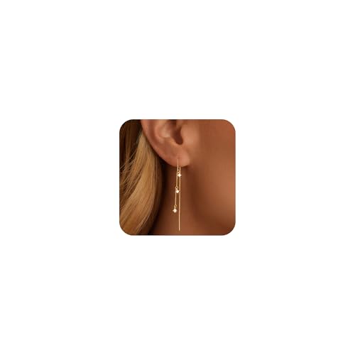 NECOCY Goldene baumelnde Ohrringe für Frauen, zierliche, lange hängende Gold/Silberketten-Ohrringe, trendig, hypoallergen, baumelnde Zirkonia/Perleneinfädler für Damen, Schmuck, Gelbgold, Zirkonia von NECOCY