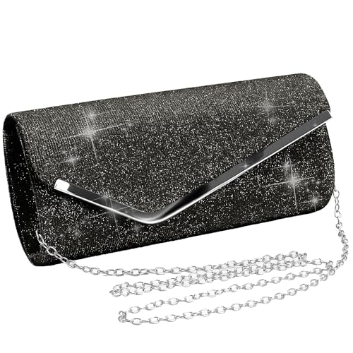 NECXON Clutch Damen Glitzer Abendtaschen mit Abnehmbarer Kette Damen-Clutches Umhängetaschen Kettentasche für Hochzeit Party Freizeit(Schwarz) von NECXON