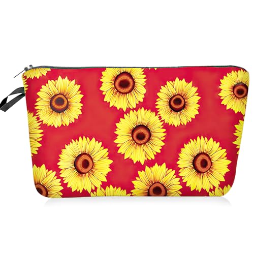 Sonnenblumen-Make-up-Tasche, Canvas-Kosmetiktasche, kleine Make-up-Tasche, tragbare Kosmetik-Handtasche, Beauty-Tasche, Reisen für Frauen (rote Sonnenblume) von NECXON