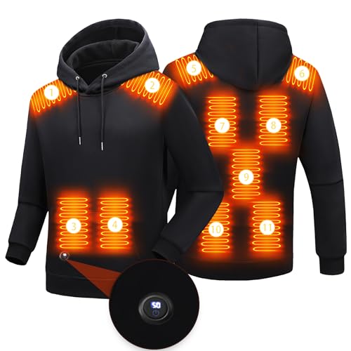 Beheizbare Jacke Hoodie für Herren Damen Elektrische Beheizte Kapuzenpullover Sweatshirt 11 Heizzonen LED-Display Casual Pullover Hoody (DE/NL/SE/PL, Alphanumerisch, L, Regular, Regular, Schwarz) von NEEMOSI