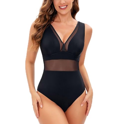 NEERIX Badeanzug Damen Bauchweg,Slimming Schwimmanzug mit V-Ausschnitt Swimsuit,Schlanker Einteiliger Badeanzug Bademode Swimsuit,Bademode Mesh Gepolsterte (XL) von NEERIX